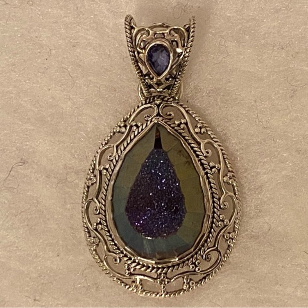 SAJEN PENDANT STERLING SILVER 925 DRUZY QUARTZ BLUE TEAR DROP FILIGREE